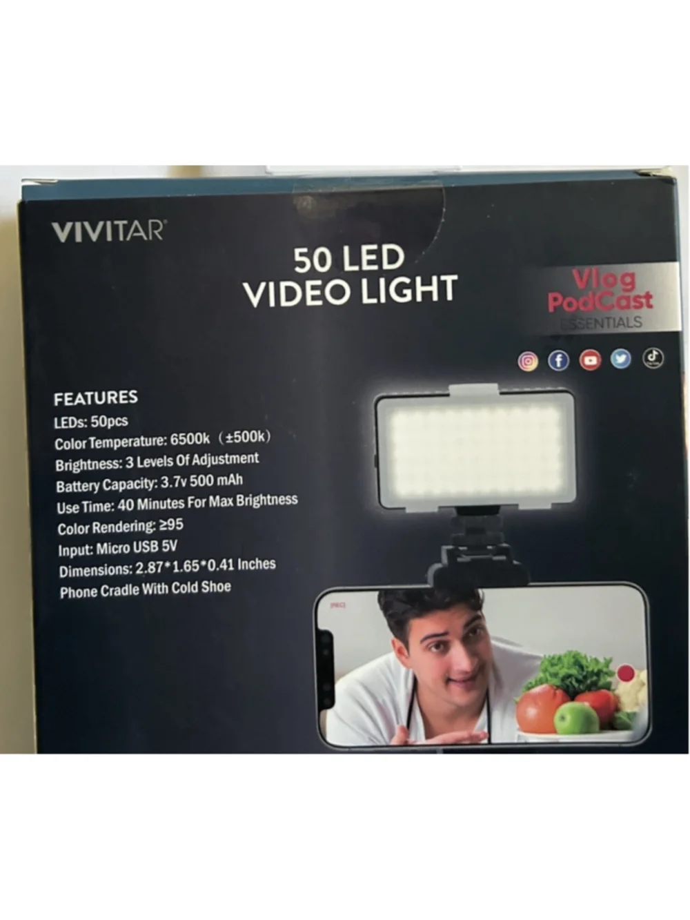Vivitar 50 LED Video Light 3 Brightness Levels Smart Phone Cradle New